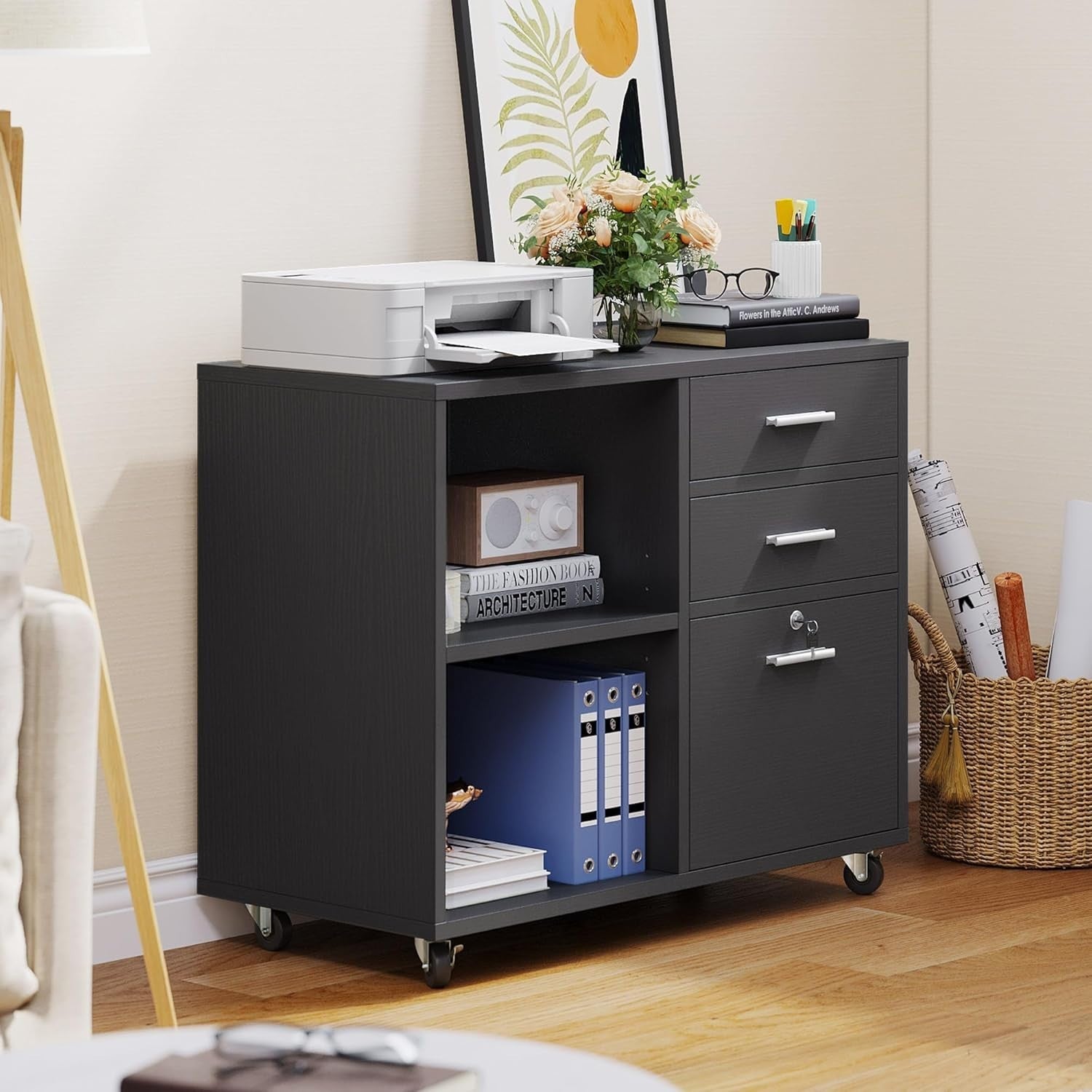 Black Rolling File Cabinet 80x40x65cm 3 Drawer Printer Stand