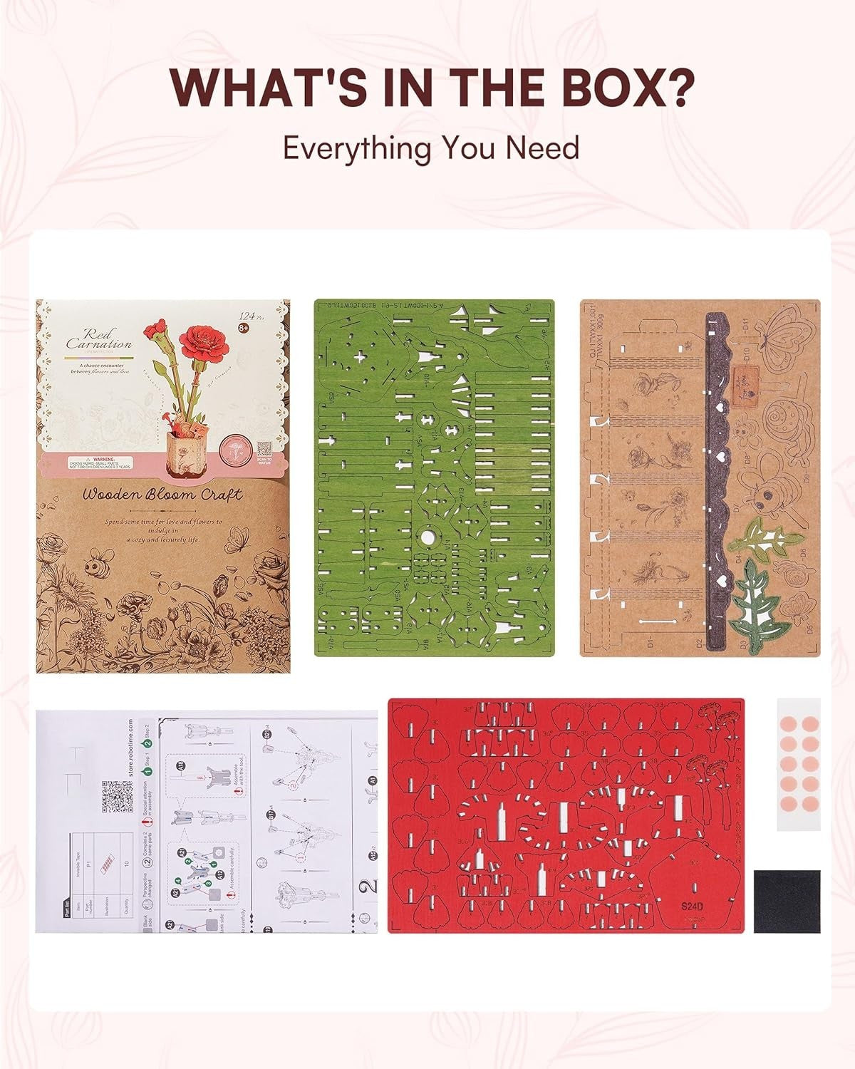 3D Wooden Flower Puzzle Kit for Adults – Red Carnation Gift Decor
