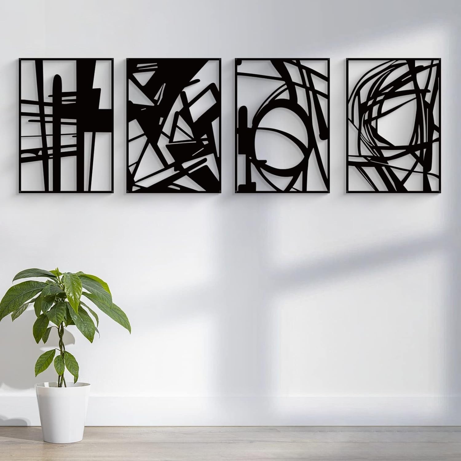 Black Abstract Metal Wall Art – 4 Pack Minimalist 3D Sculptures 16x11