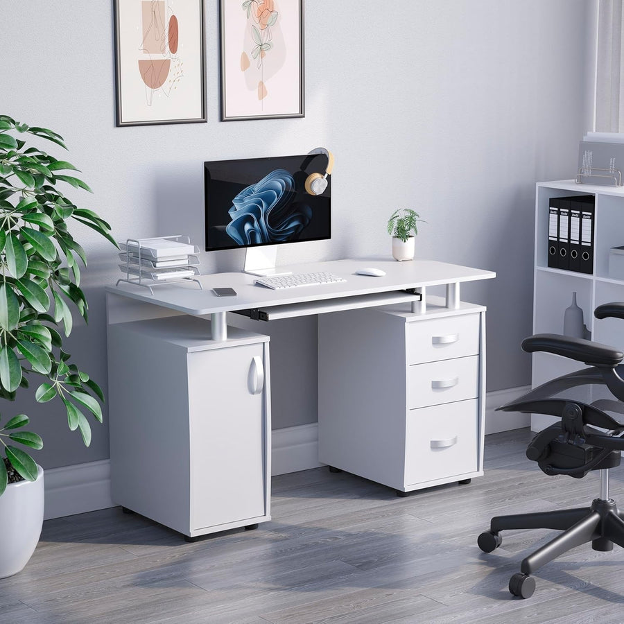 White 3 Drawer Computer Desk w/Shelves, Keyboard Tray 120cm Workstation