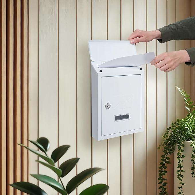 Lockable Wall Mounted Mailbox White – Weatherproof Steel Post Box for A5 Letters