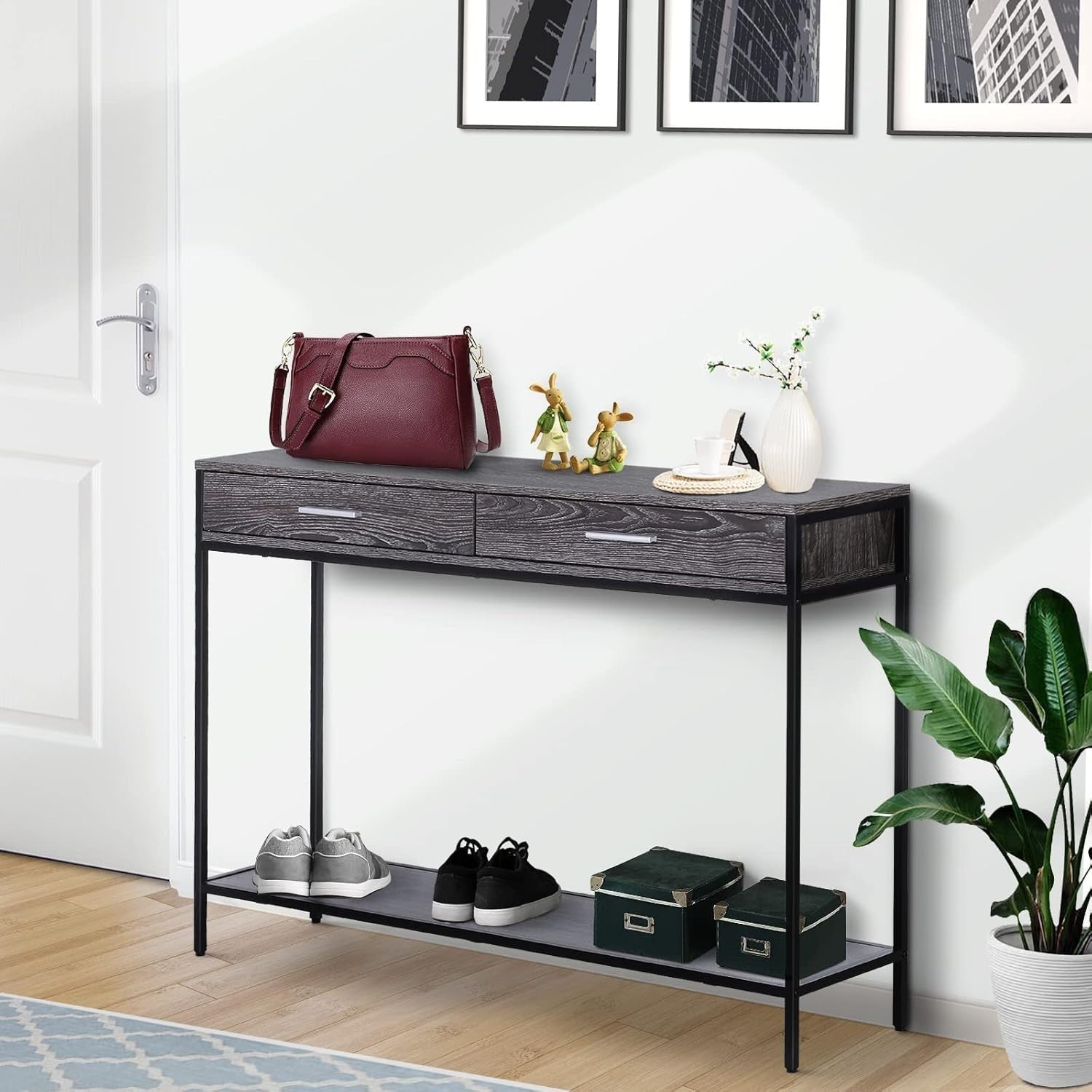 Minimalist Grey Console Table with 2 Drawers & Bottom Shelf – Durable Storage
