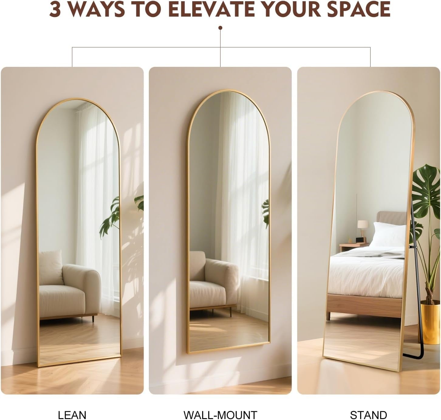 Full Length Arch Mirror 163x53cm Golden Frame Tempered Glass Free Standing