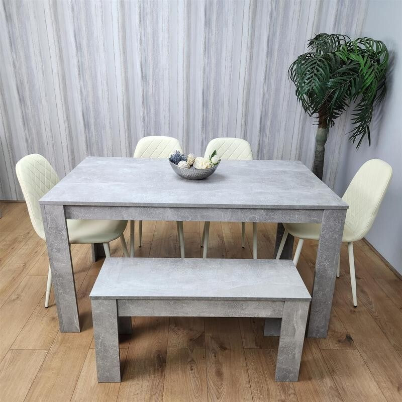 6 Seater Grey Dining Table Set with Cream Leather Chairs & Bench Oak Look