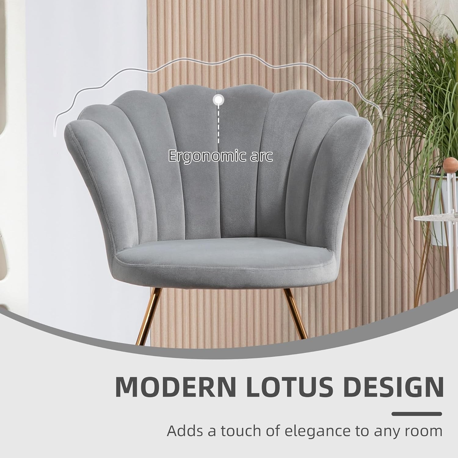 Grey Velvet Tufted Armchair Lotus Backrest Tub Chair Steel Legs
