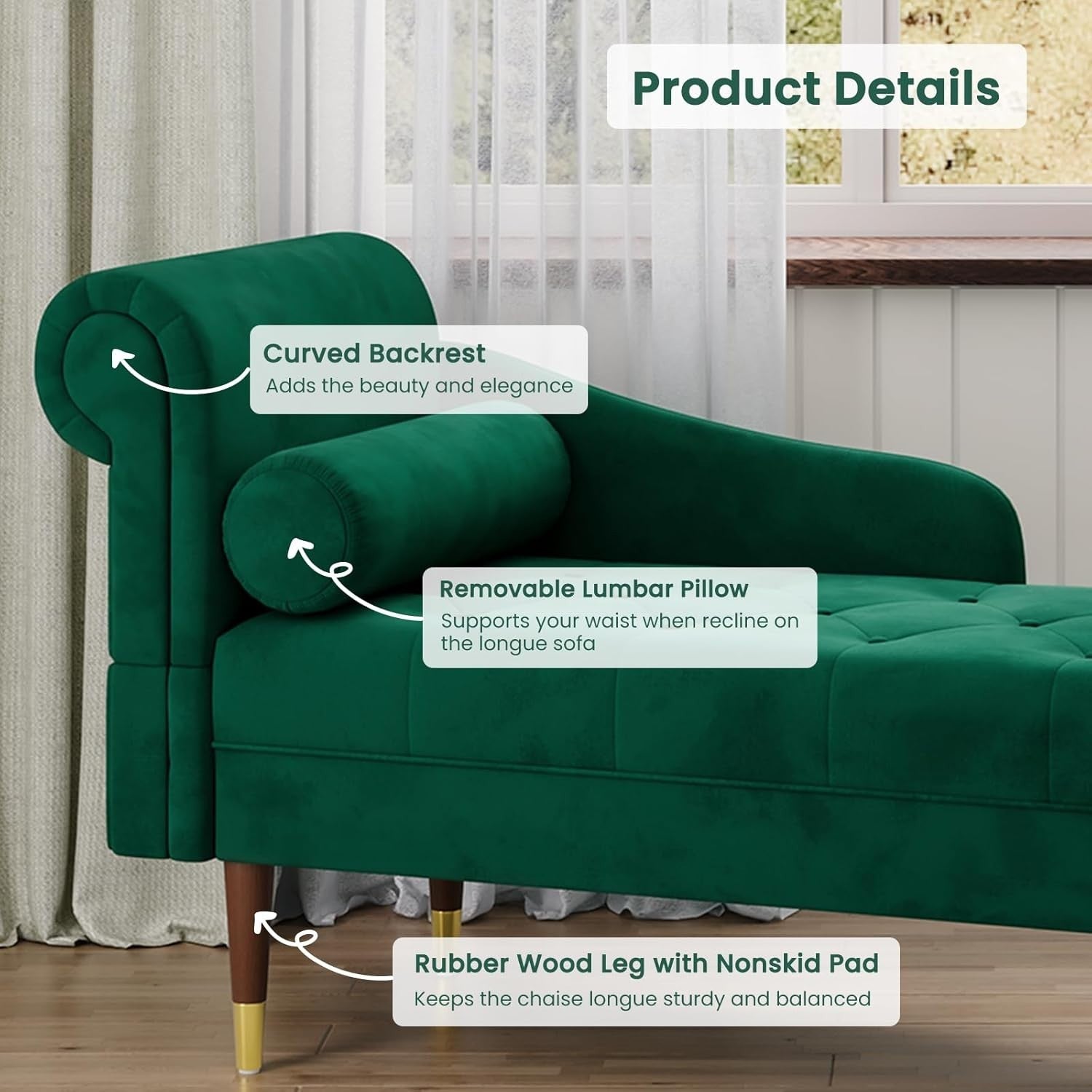 Velvet Chaise Lounge Sofa Green Left Armrest + Pillow Compact & Stylish