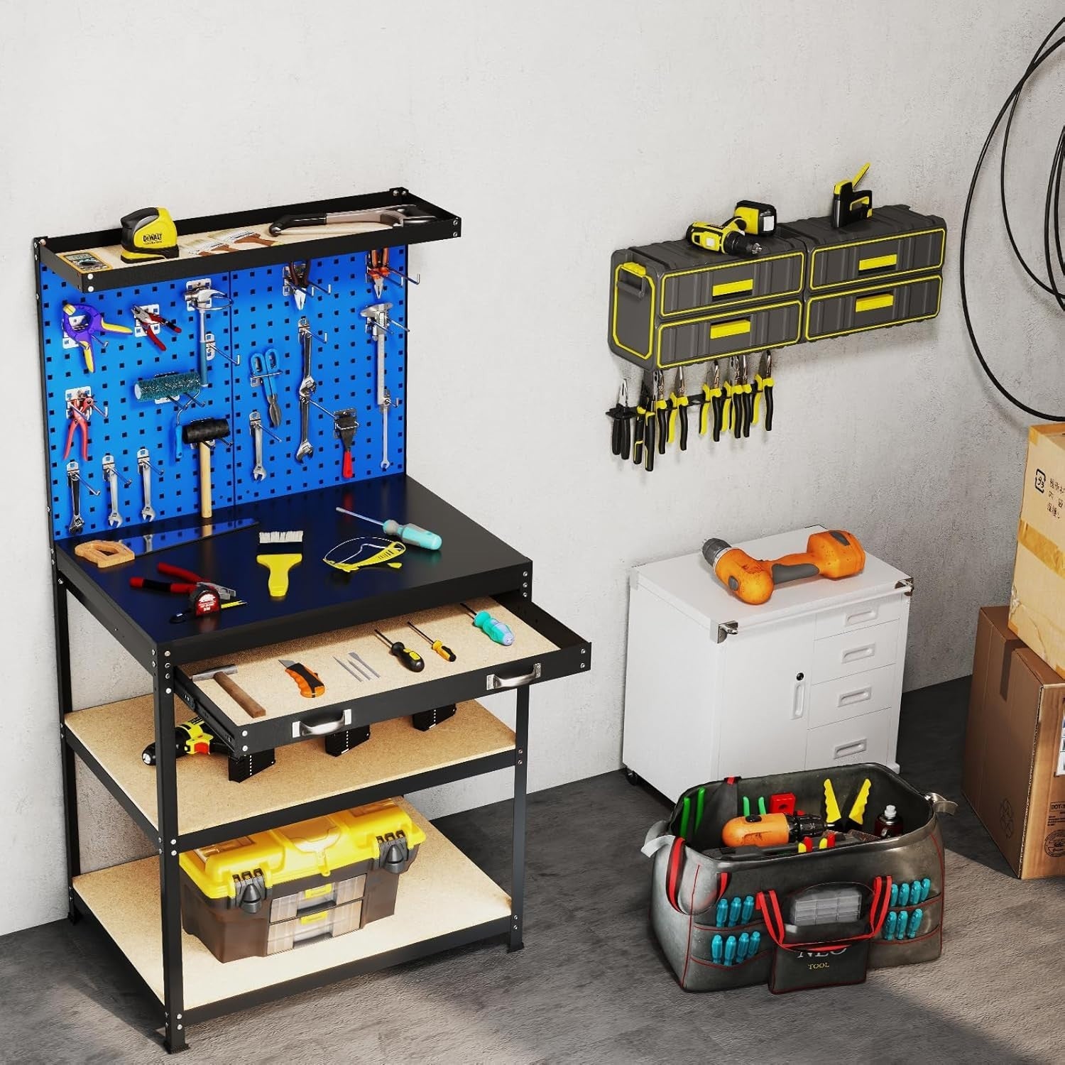 Navy Heavy Duty Garage Workbench Pegboards Drawer Shelves 290kg Tool Station