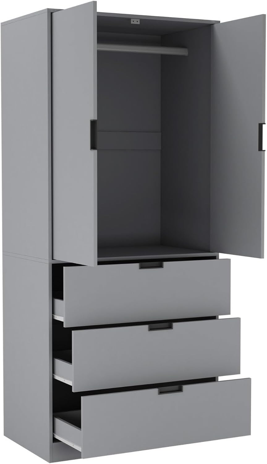 Grey 2 Door Wardrobe with 3 Drawers & Rail | Oak Effect 180cm Storage