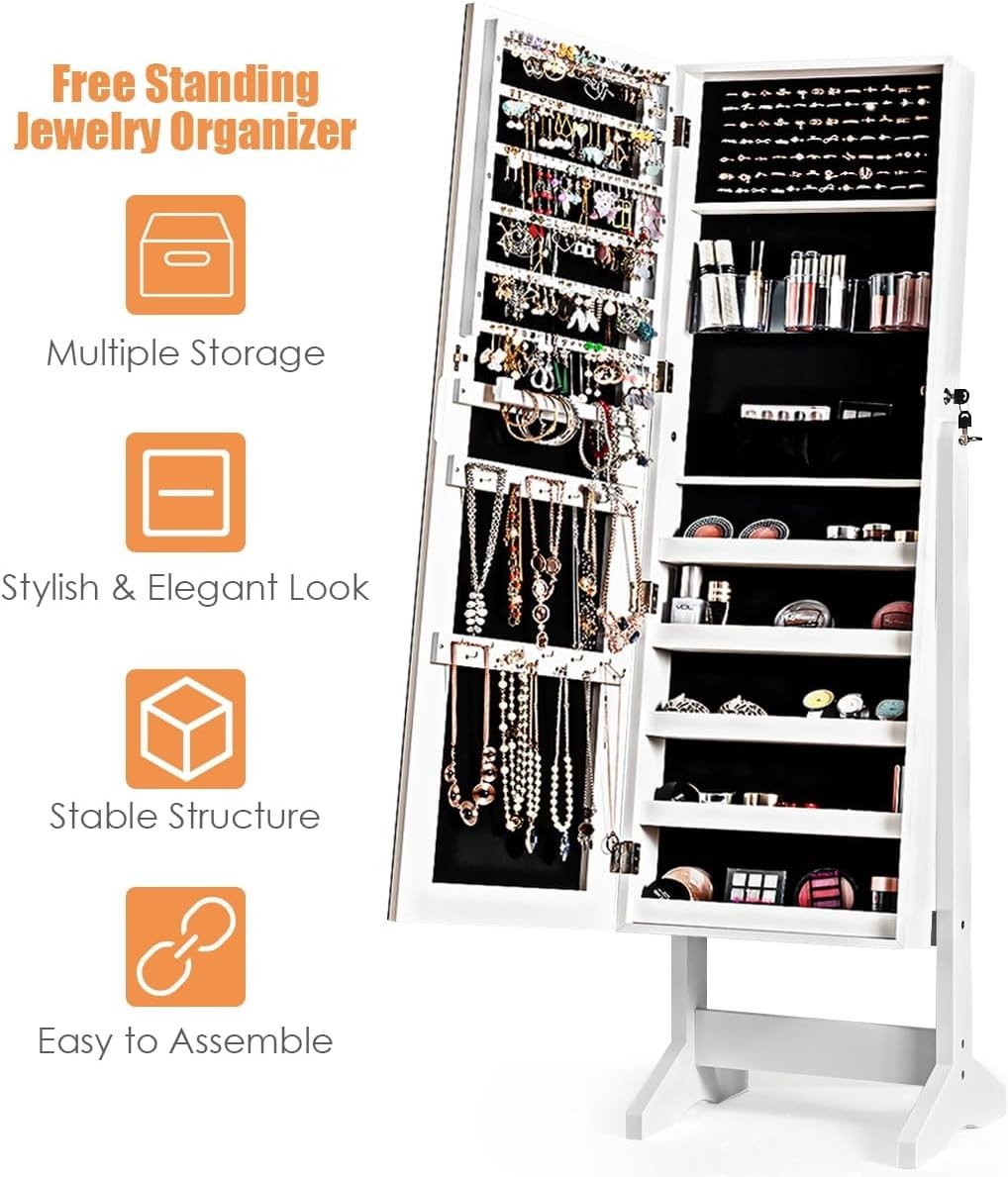 White Lockable Jewellery Cabinet Full Length Mirror Adjustable Storage
