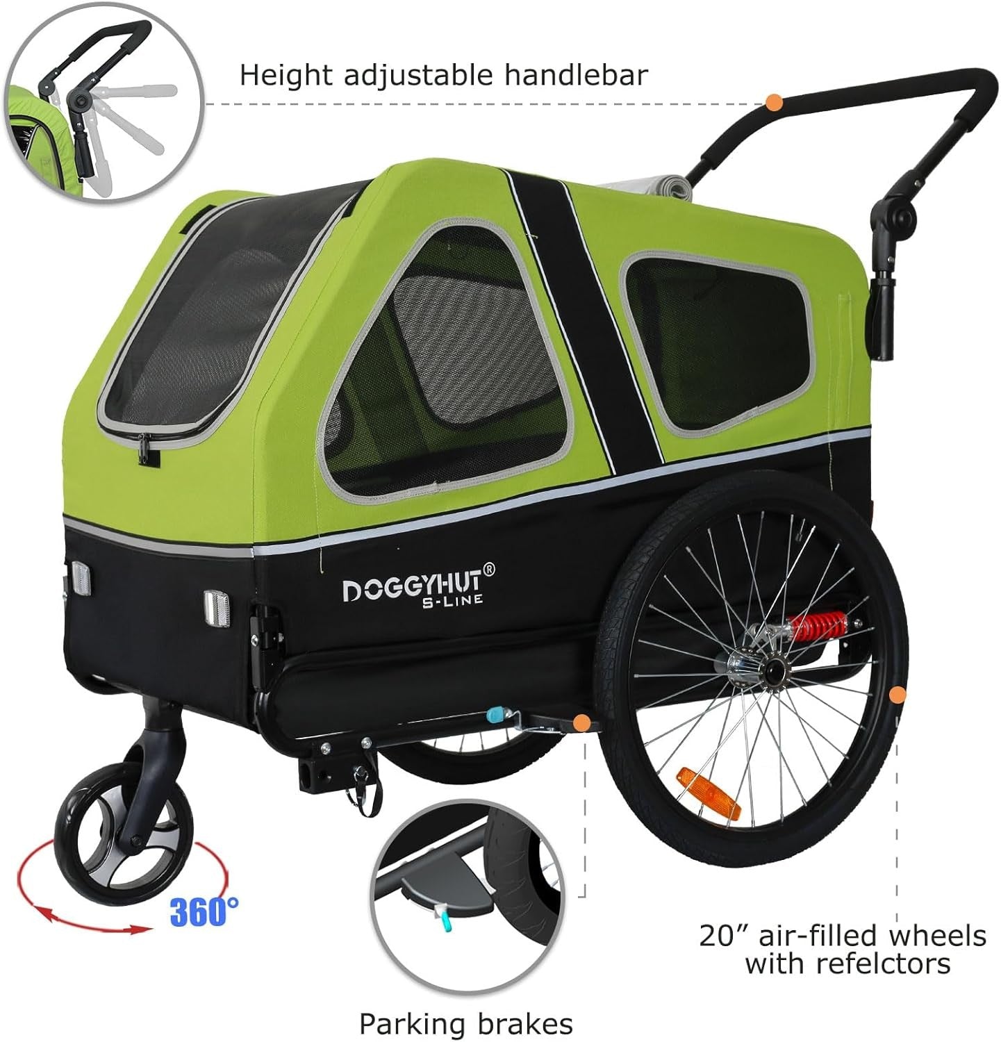 Dog Bike Trailer Stroller 45kg Folding Suspension Cart Green Black with Brakes