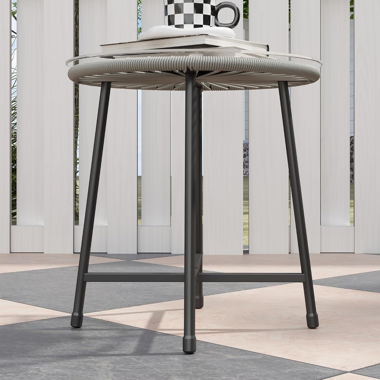 Light Grey Rattan Bistro Set 3PC Cushioned Chairs Round Table Balcony Patio