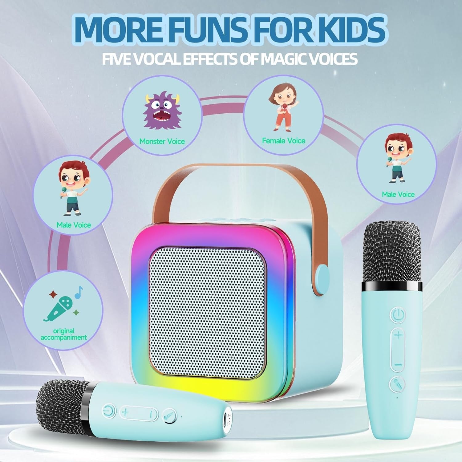 Mini Karaoke Machine for Kids & Teens 2 Wireless Mics LED Lights