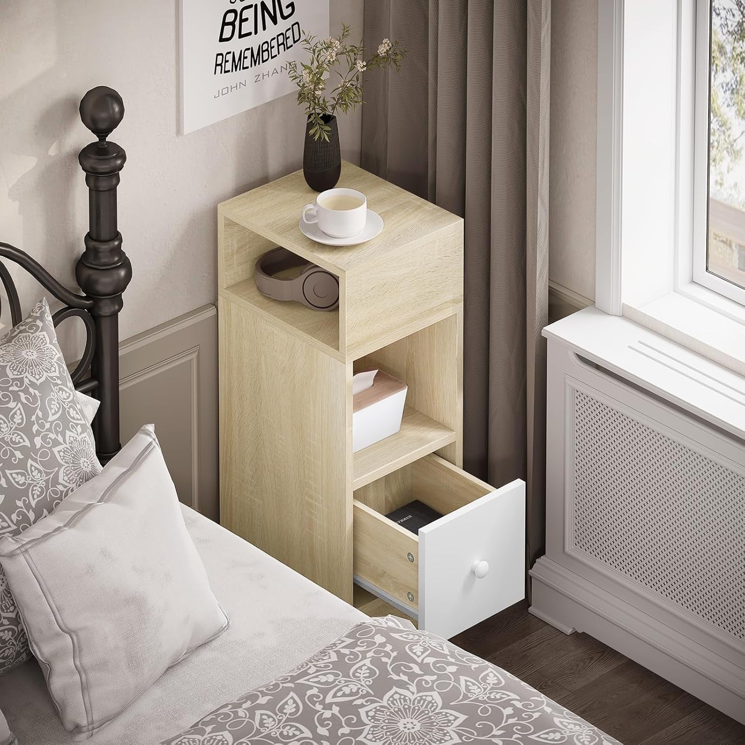 Set of 2 Light Oak Slim Bedside Tables with Drawer & Shelves 25x30x66cm