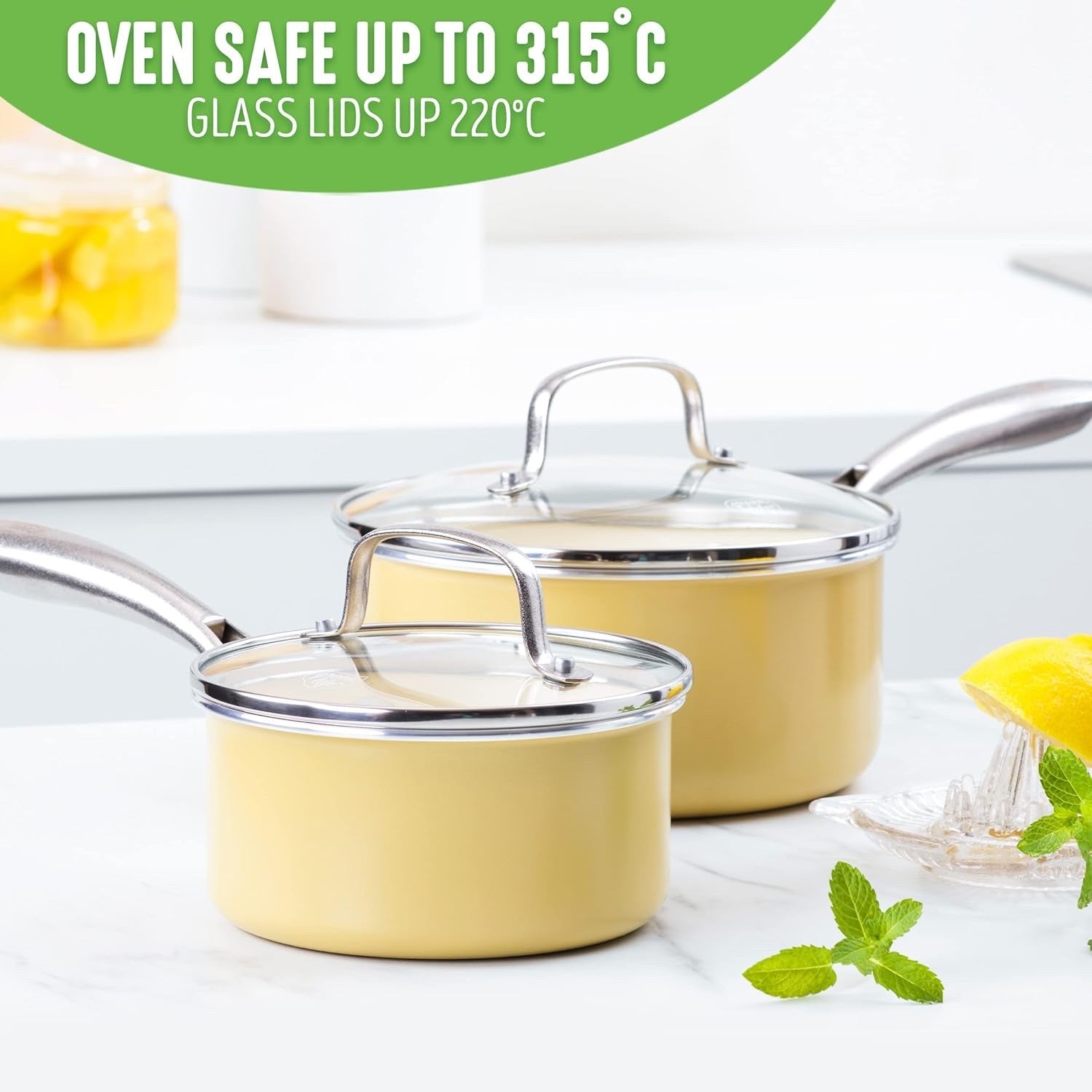 2Pcs Yellow Ceramic Saucepan Set Non Stick 14cm 18cm With Lids Induction Safe
