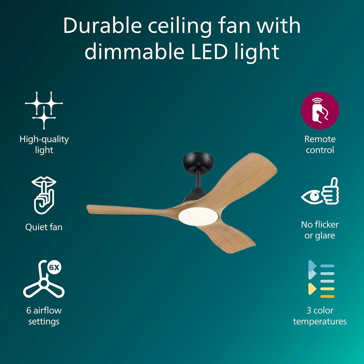 Philips Olas 42" Ceiling Fan, 3 Blades, 24W LED, DC Motor, Dimmable, Black/Wood