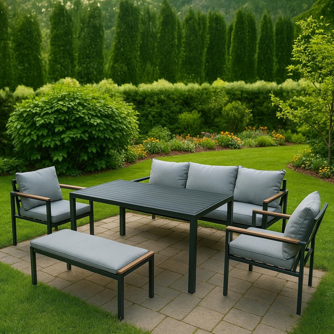 6 Seat Garden Furniture Set Black Aluminium Grey Cushions Dining Patio
