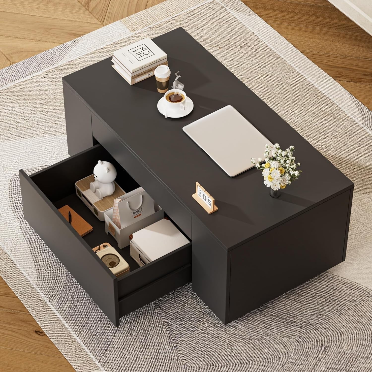 Black Rectangular Coffee Table with Hidden Storage Drawer 98x50cm