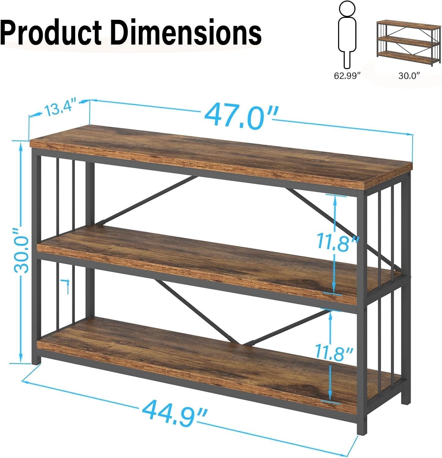 Rustic Industrial Console Table 3-Tier Storage Wood Metal 120x34x74cm