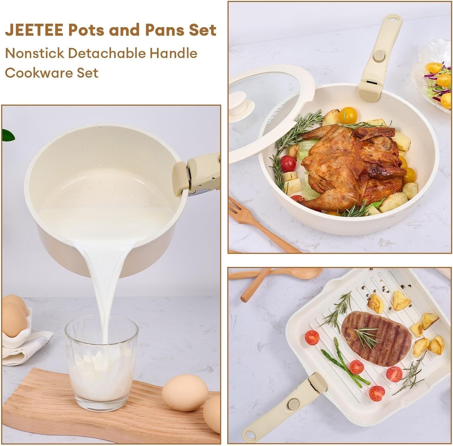 25pcs Beige Non Stick Cookware Set Induction Pots & Pans with Detachable Handles