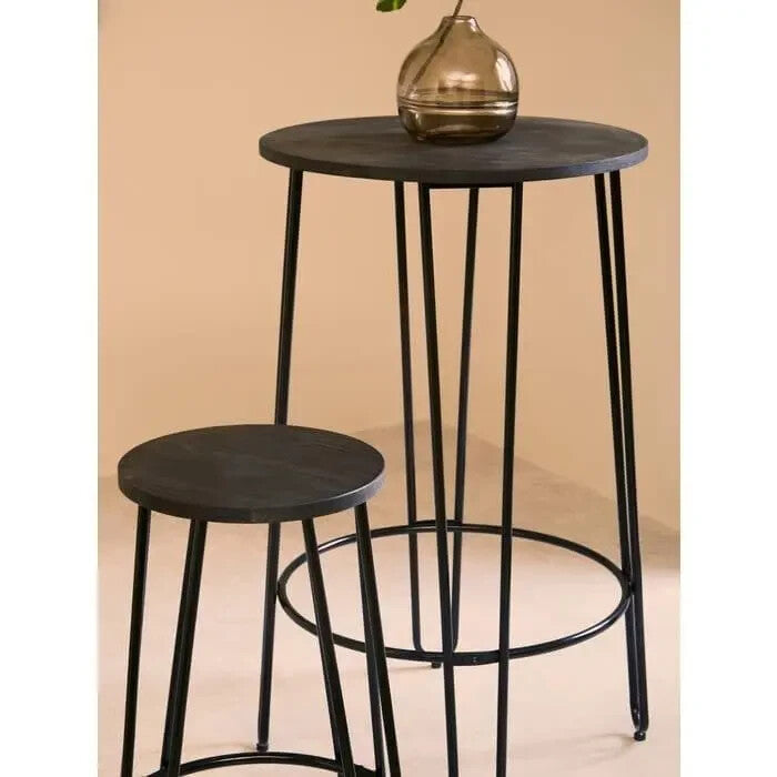 3Pc Bar Table and Stool Set Industrial Elm Wood Metal Pub Dining Set