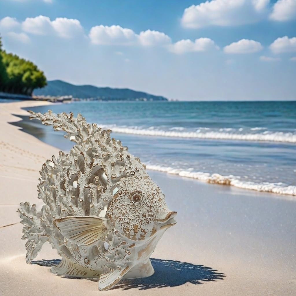 Coastal Coral Reef Angelfish Sculpture • White Resin Ornament • Beach Style