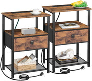 Set of 2 Bedside Tables with Charging Station, Fabric Drawer & Storage Shelf Bro
