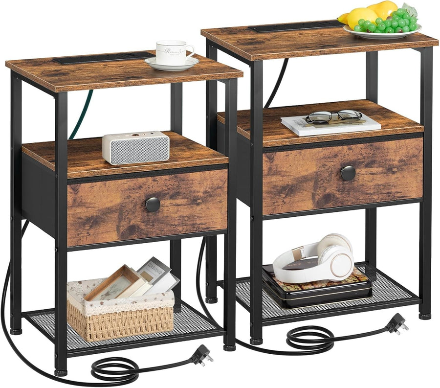 Set of 2 Bedside Tables with Charging Station, Fabric Drawer & Storage Shelf Bro