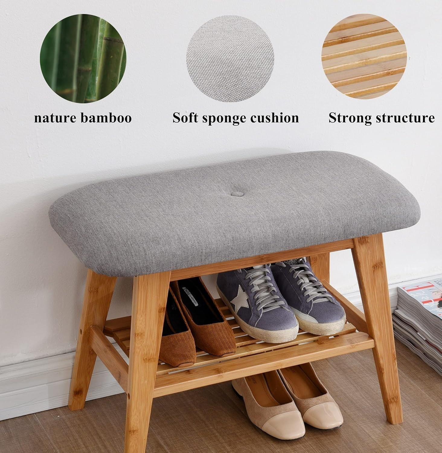 Compact Bamboo Shoe Bench with Cushion & 2-Tier Storage Rack 60cm Nature