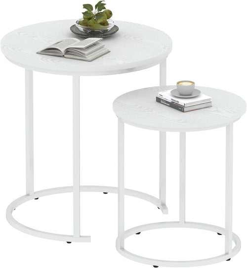 Nesting Coffee Tables Set of 2 Round White Marble Top Metal Frame Living Room