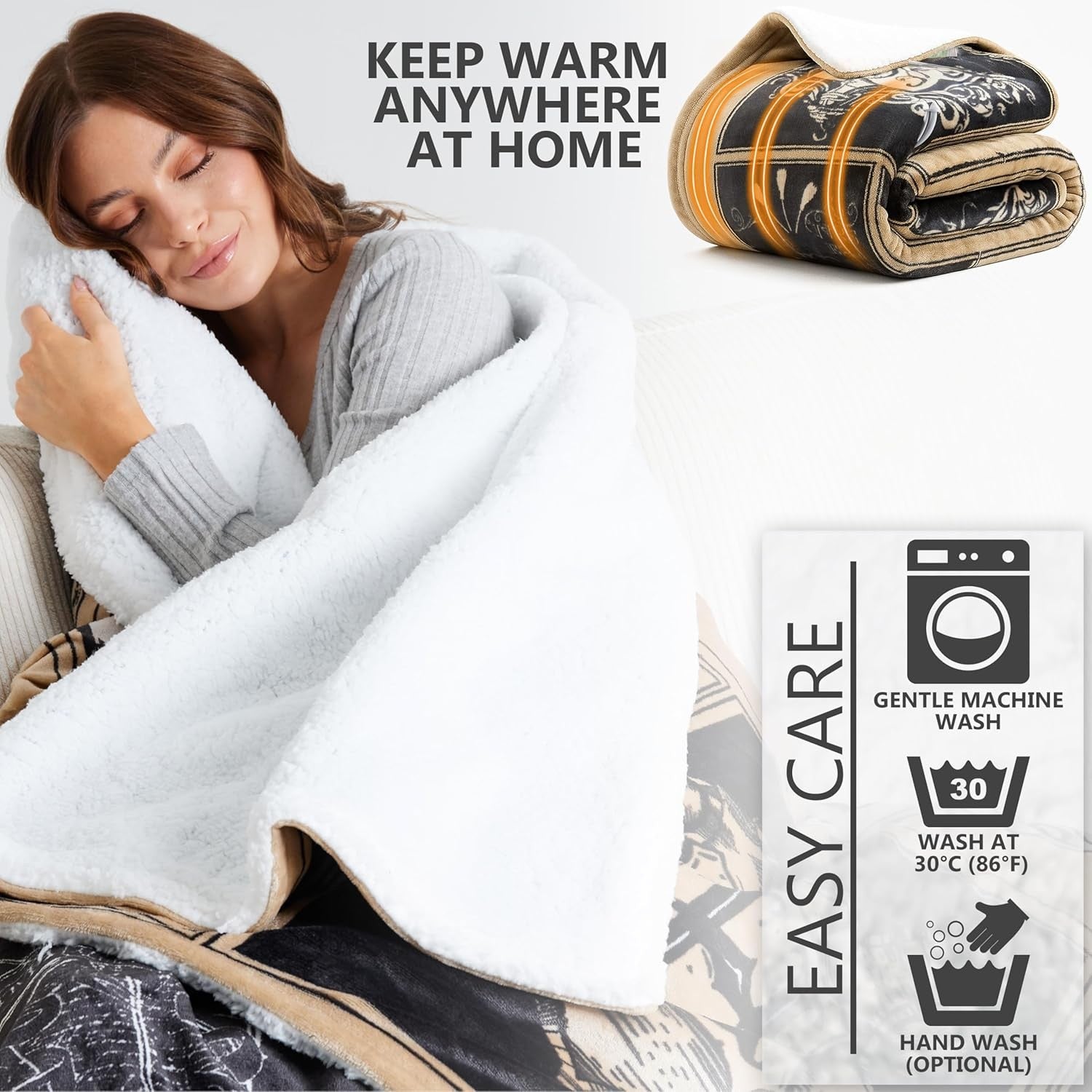 Single Electric Heated Throw 130x160cm Sherpa Fleece 9 Heat Timer