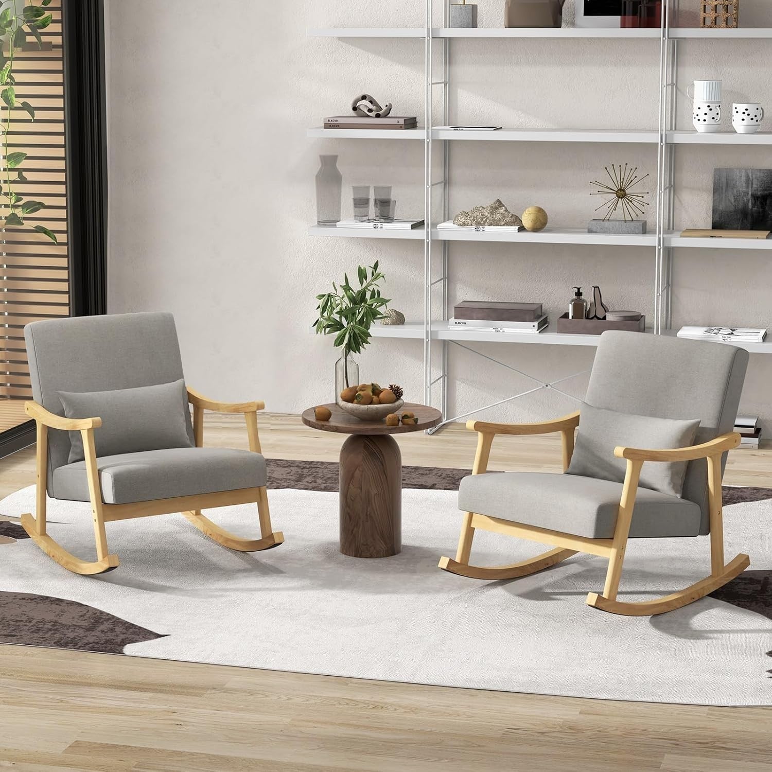 Modern Rocking Chair Wooden Frame Linen Seat, Comfy Lounge Armchair 88x65x82cm
