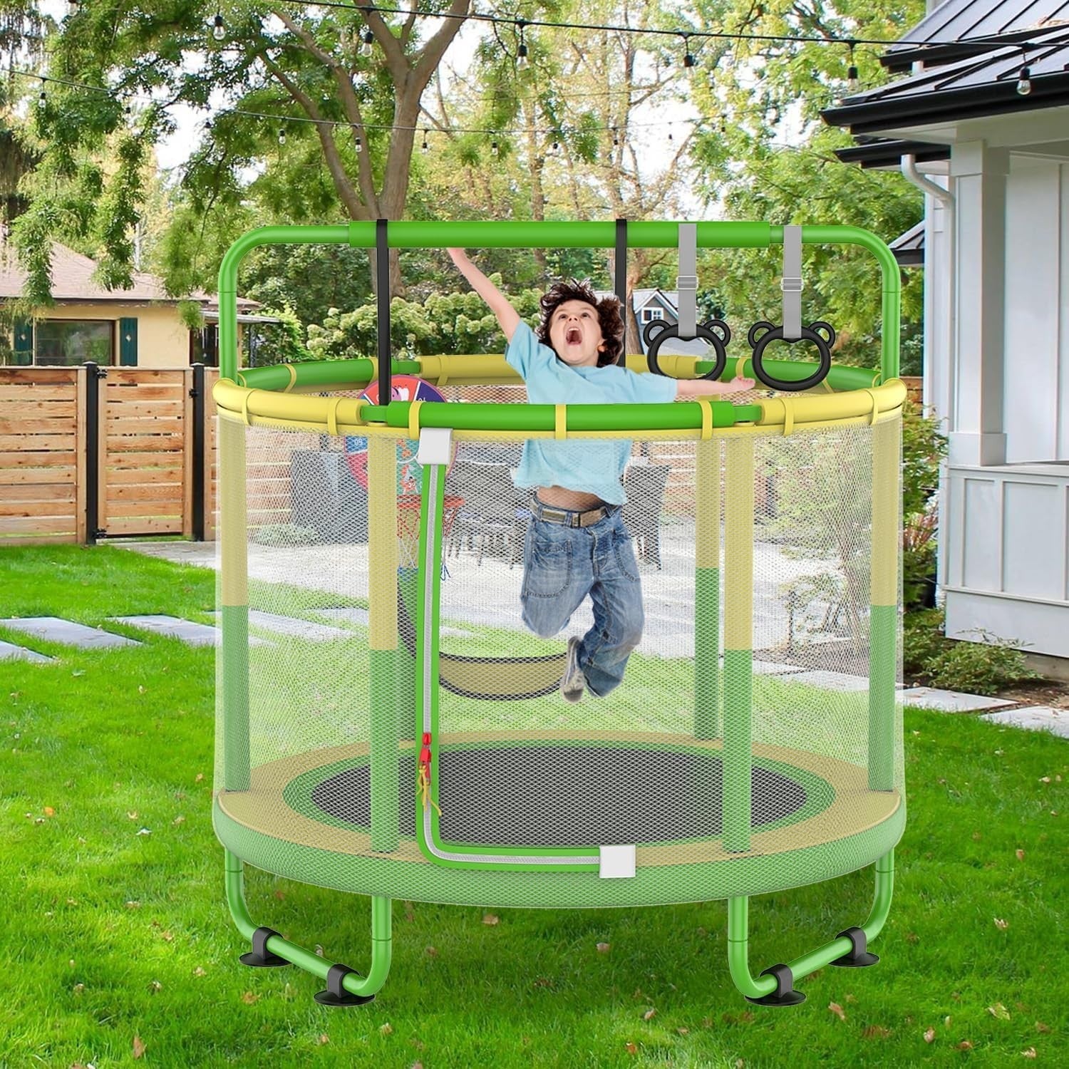 Kids Outdoor Trampoline 150cm Safety Net Playset Basketball Swing Zip