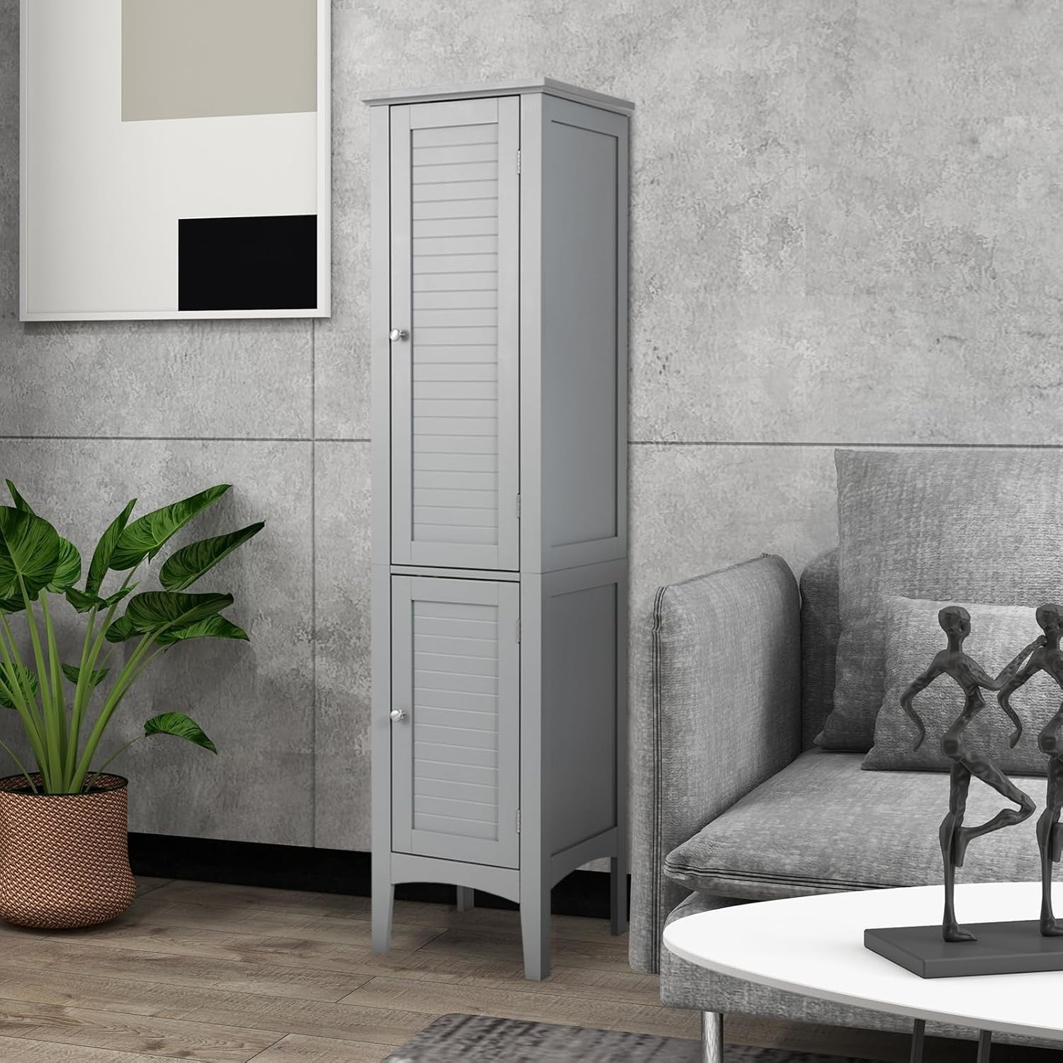 Grey Tall Bathroom Cabinet with 5 Shelves & 2 Doors Slim Storage Unit