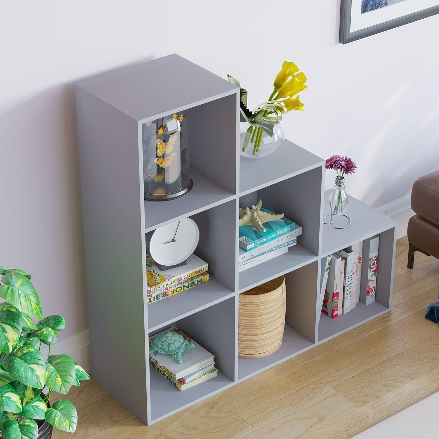 6 Cube Grey Staircase Storage Shelf Modern Durable Organizer