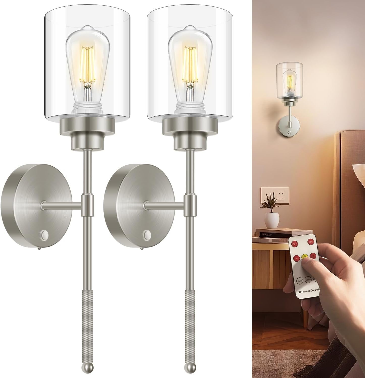 Wireless Battery Operated Wall Sconce Set of 2 with Remote, Dimmable