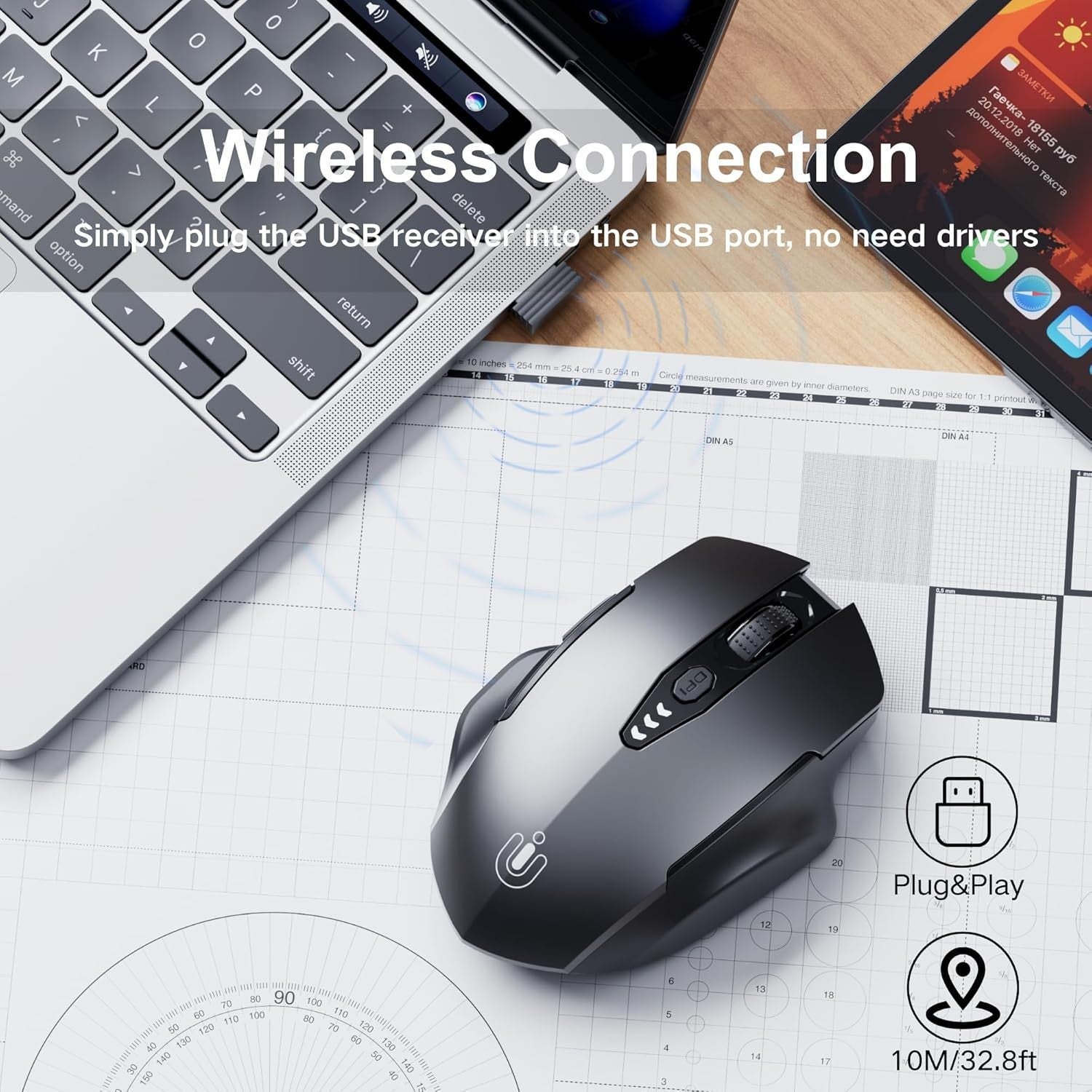 Rechargeable Wireless Mouse Battery Display Adjustable DPI 2.4G USB PC Laptop