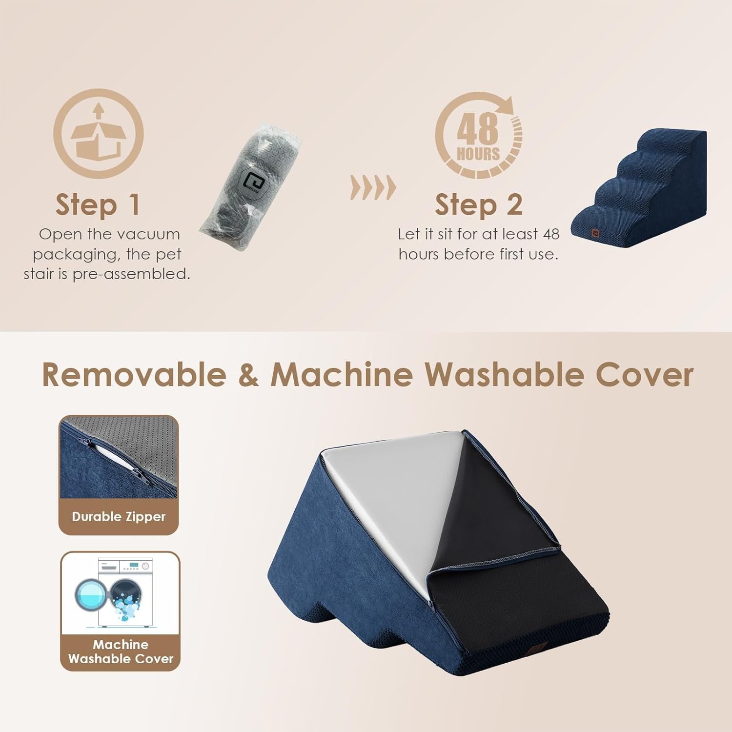 4 Step Dog Stairs for High Bed Non Slip Foam Pet Steps Navy