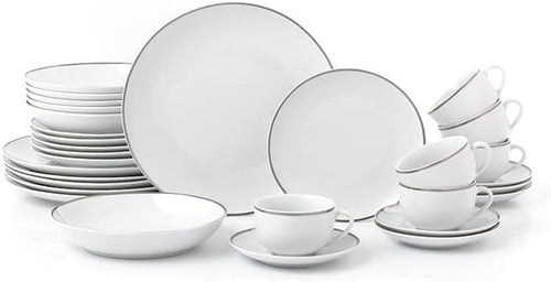 30pc Porcelain Dinnerware Set White Platinum Rim Plates Bowls Cups Service for 6
