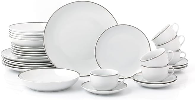 30pc Porcelain Dinnerware Set White Platinum Rim Plates Bowls Cups Service for 6