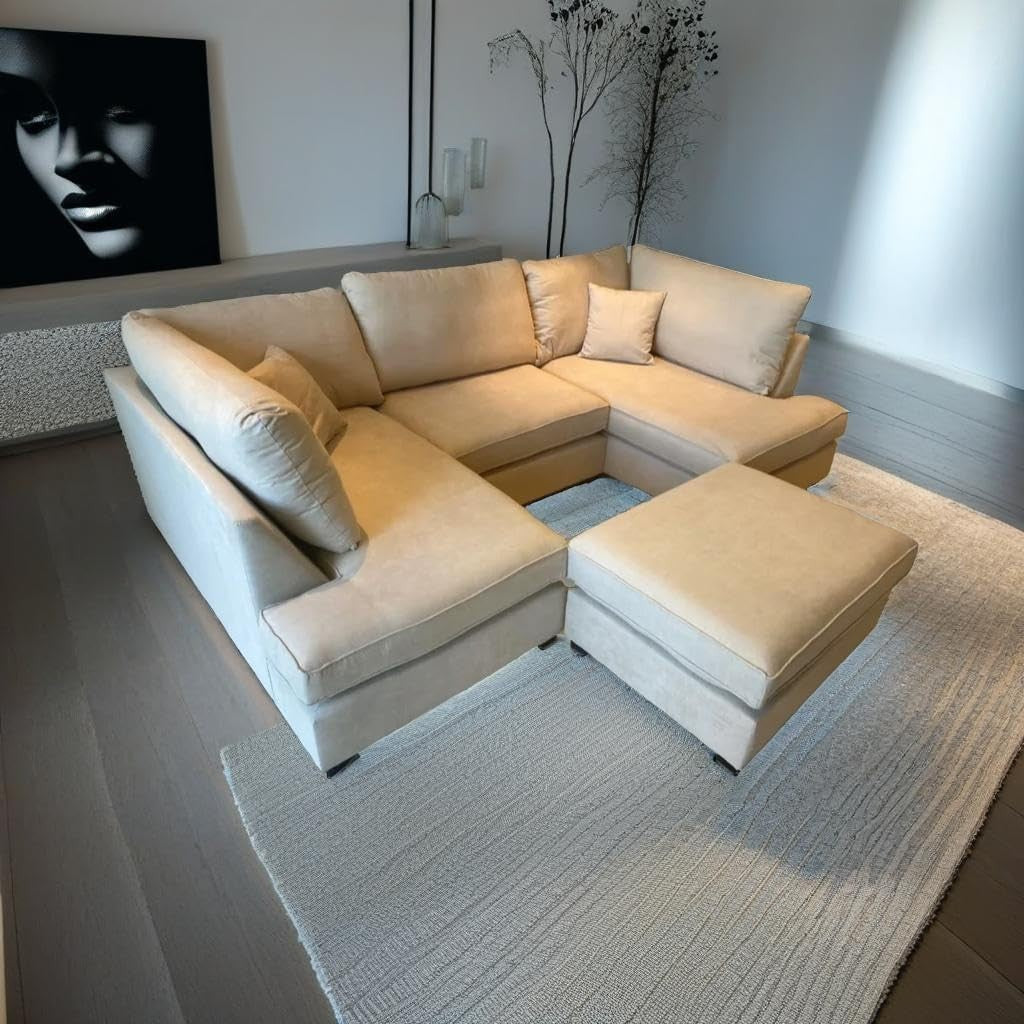 4PC U Shape Sofa with Footstool – Cream  Sectional – 5/6 Seater Modular.