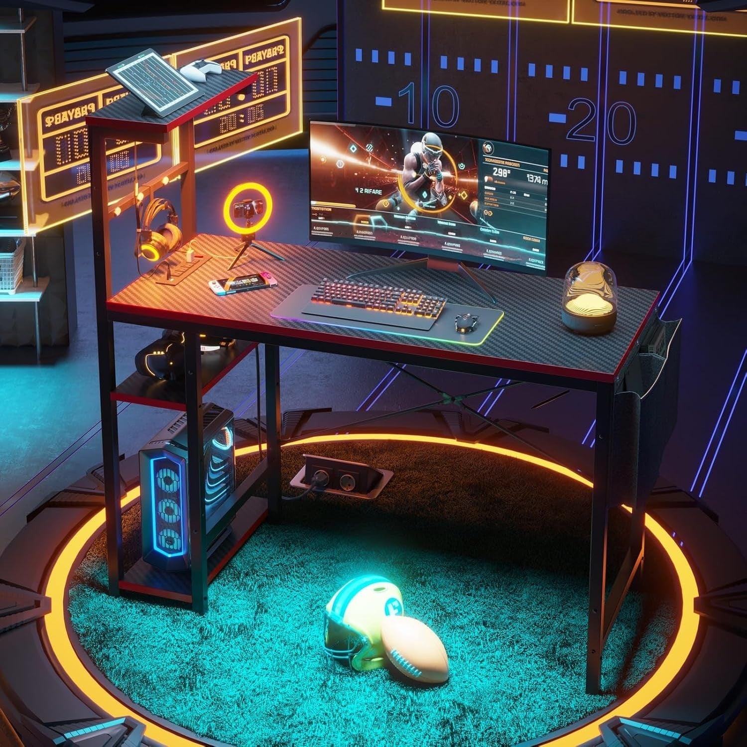 113cm Corner Computer Desk with LED Lights & Power Outlets