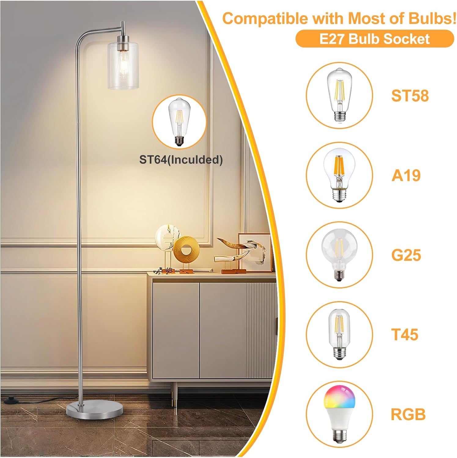 Tall Floor Lamp Nickel Clear Glass E27 LED Modern Industrial Corner Light