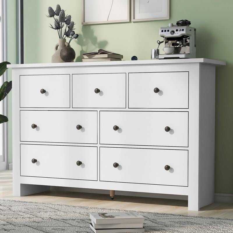 White Chest of Drawers 7 Drawer Storage Cabinet Sideboard for Living Room