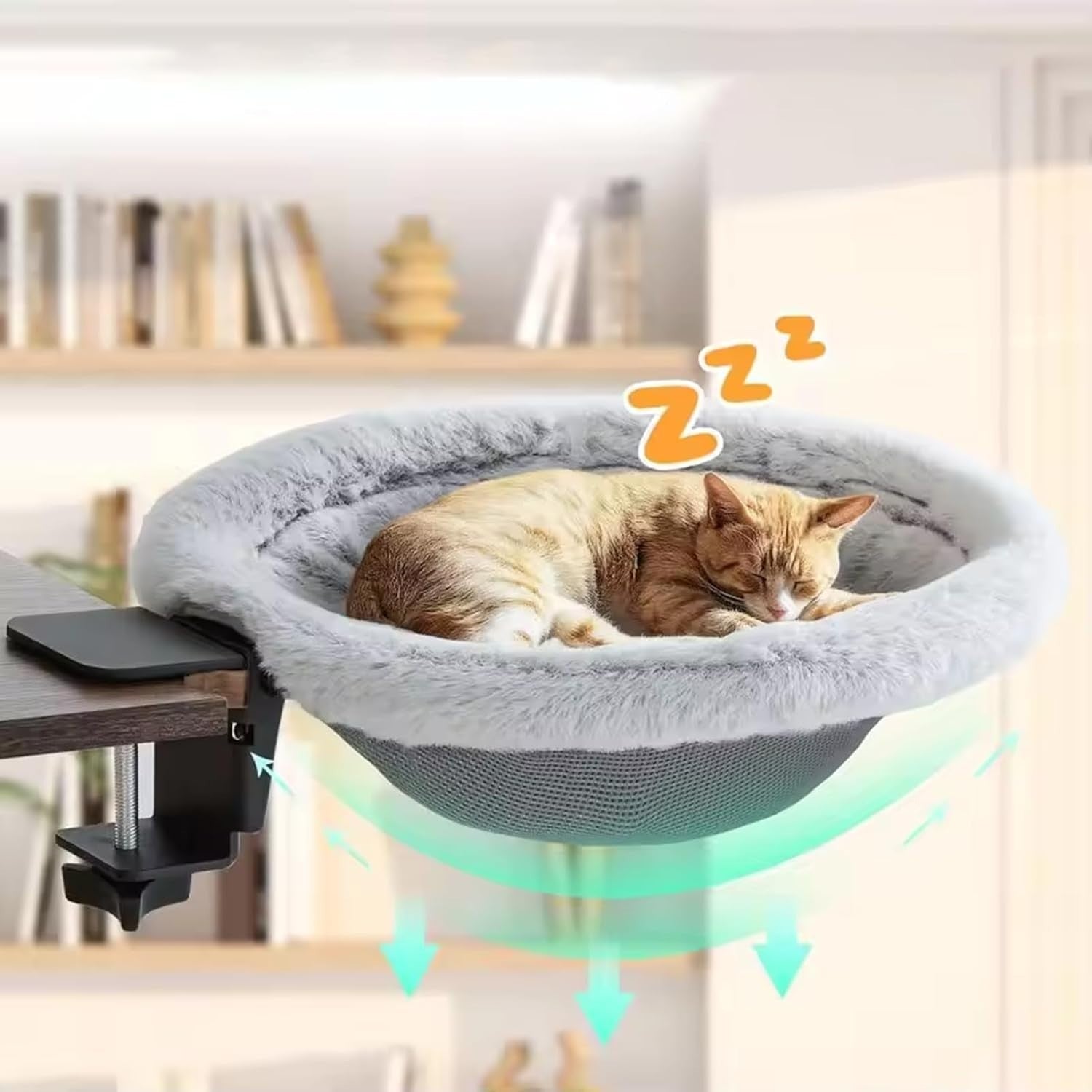180° Rotating Cat Desk Bed Faux Fur Clamp On Cat Hammock Gray