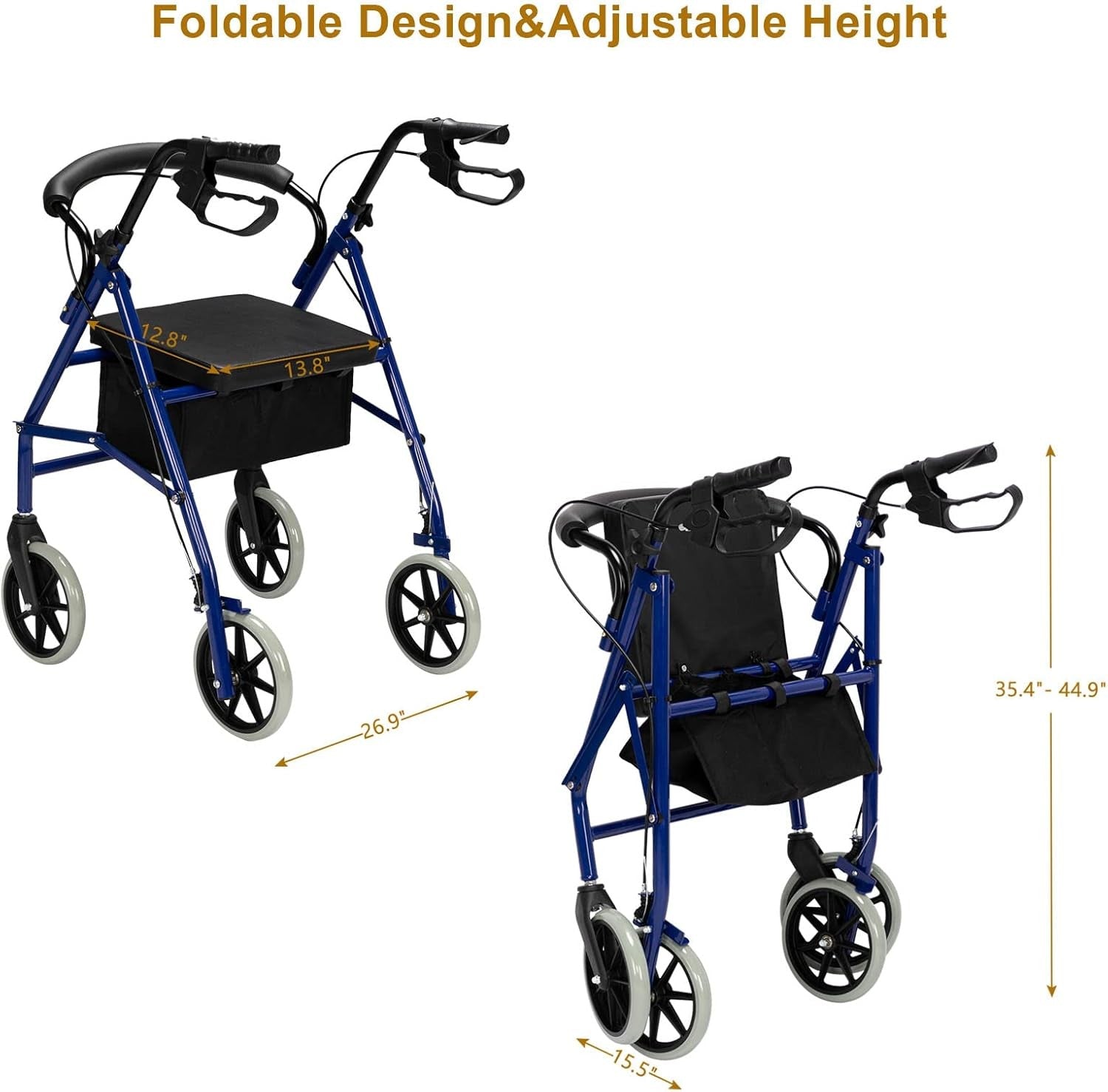 Rollator Walker Lightweight Folding 4 Wheel Mobility Aid Seat Brakes Bag