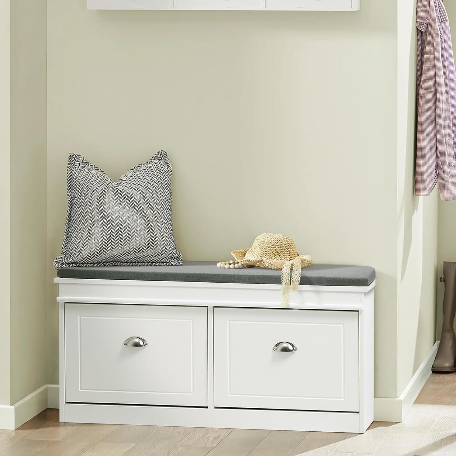 White Shoe Storage Bench with Flip Drawers & Cushion Seat 105x24x52cm
