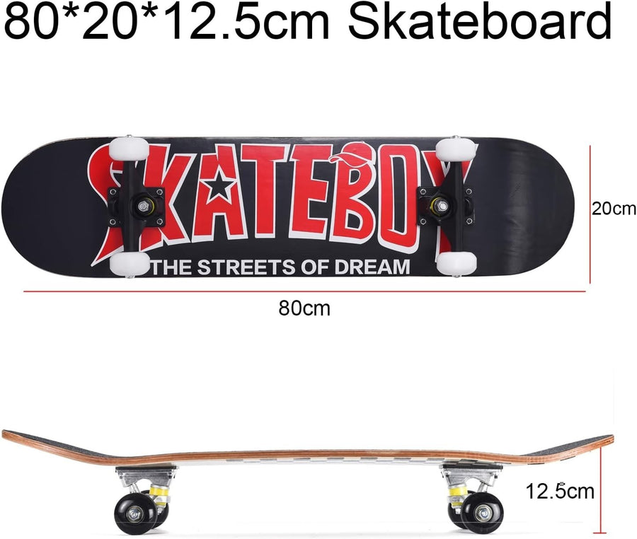31" Skateboard Maple Deck Double Kick Kids Adults Beginner w/ T-Tool Black Red