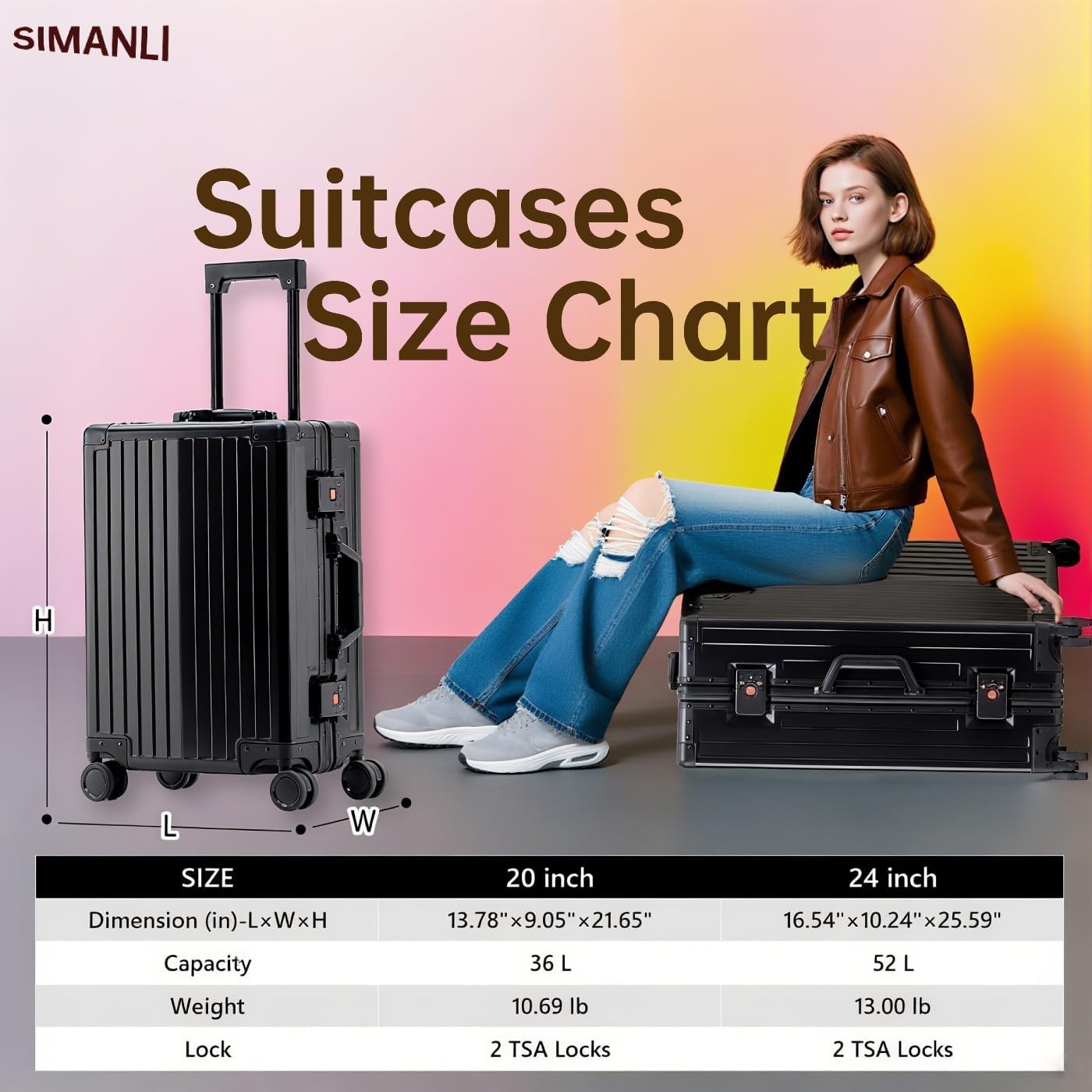 20 Inch Black Aluminum Cabin Suitcase Hard Shell TSA Lock Spinner Case
