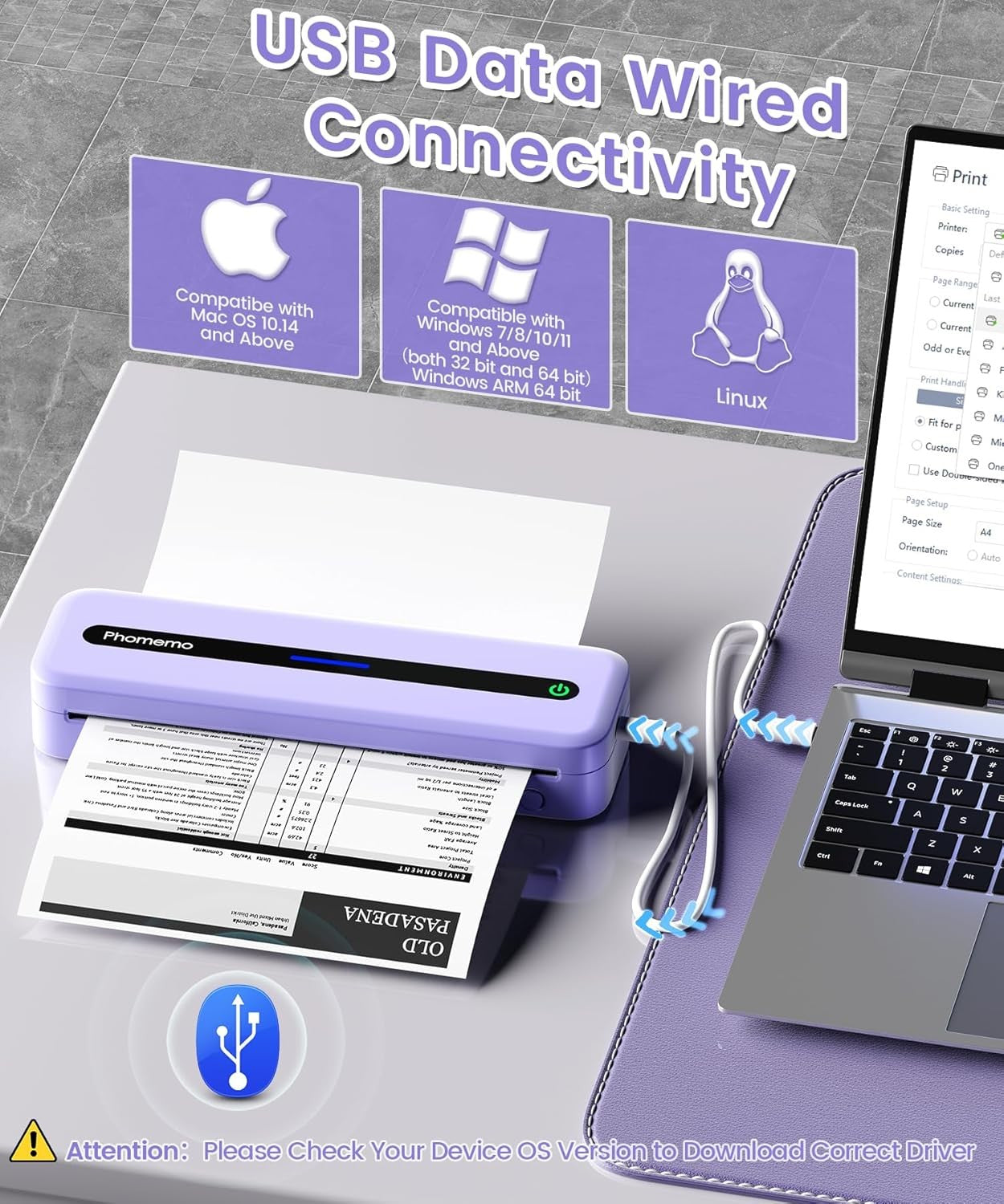 A4 Portable Thermal Printer 300DPI Bluetooth Inkless Purple