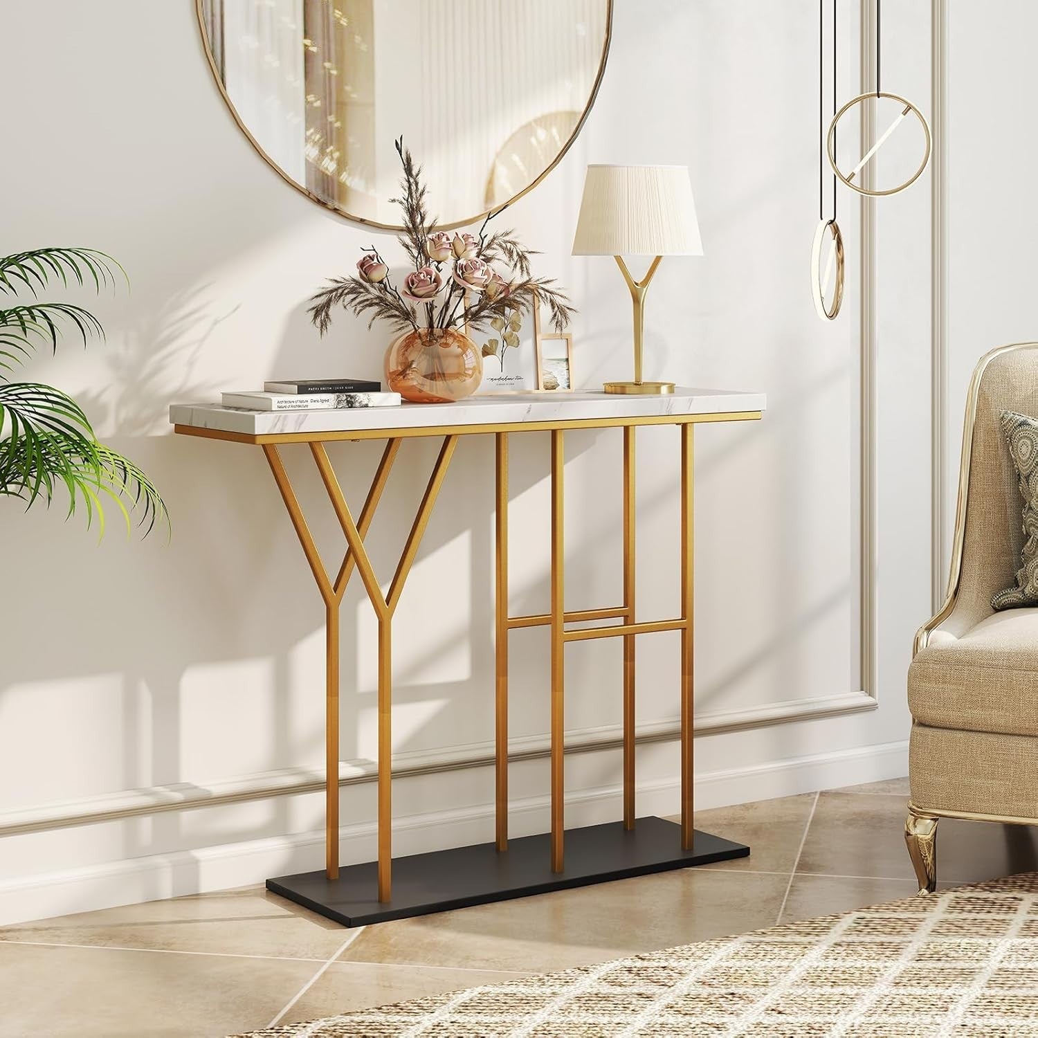 Slim Console Table Faux Marble Hallway Desk | Gold Frame, 2 Tier Storage